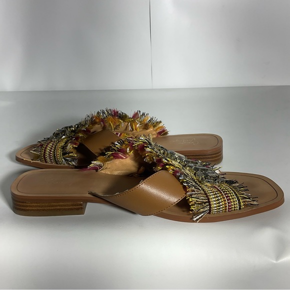 Crown Vintage Somaya Fringe Boho Jeweled Slip on Leather Open Toe Sandals Tan 9M - Picture 10 of 16